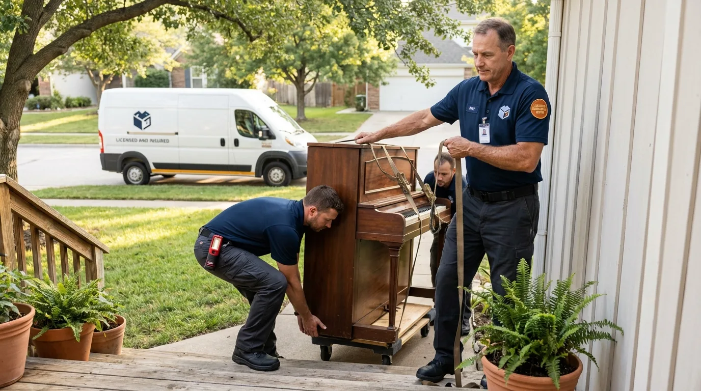 Licensed piano movers securing grand piano in Kennebec, SD