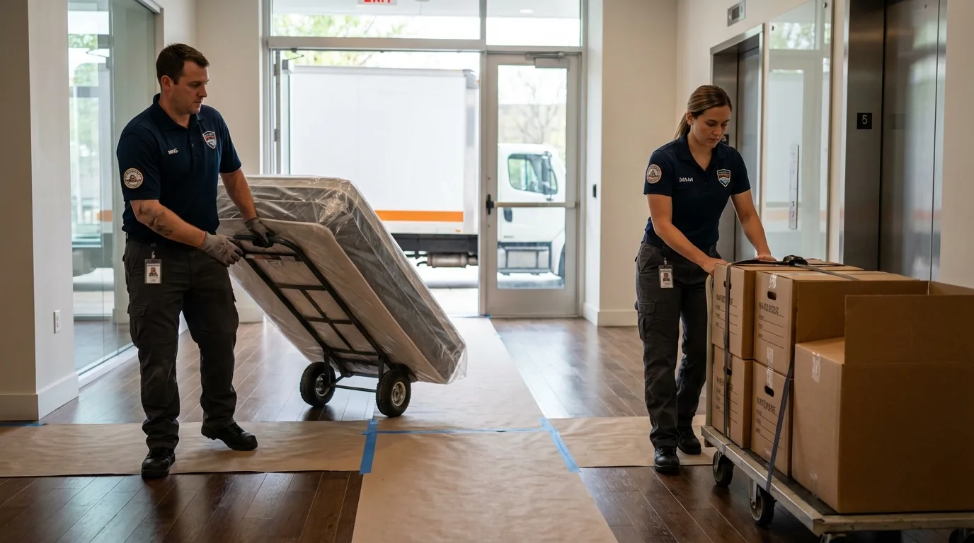Professional apartment movers loading elevator in Kennebec, SD